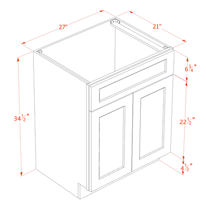 HF-VSB2721: Frost White Shaker 27"W x 34-1/2"H x 21"D 2 Doors & 1 False Drawer Vanity Sink Base Cabinets