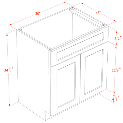 HF-VSB3021: Frost White Shaker 30"W x 34-1/2"H x 21"D 2 Doors & 1 False Drawer Vanity Sink Base Cabinets