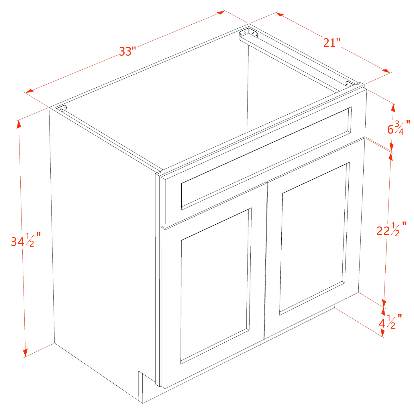 HF-VSB3321: Frost White Shaker 33"W x 34-1/2"H x 21"D 2 Doors & 1 False Drawer Vanity Sink Base Cabinets