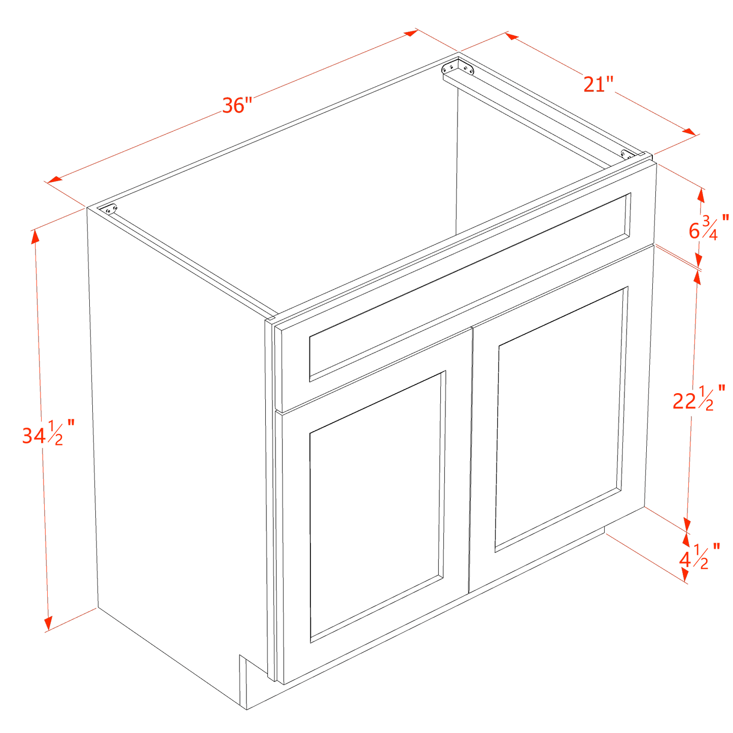 HF-VSB3621: Frost White Shaker 36"W x 34-1/2"H x 21"D 2 Doors & 1 False Drawer Vanity Sink Base Cabinets