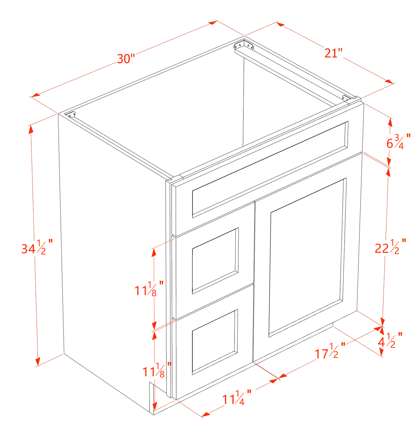 HF-VSD3021L: Frost White Shaker 30"W x 34-1/2"H x 21"D 1 Door & 2 Left Drawers Offset Vanity Sink Base Cabinets