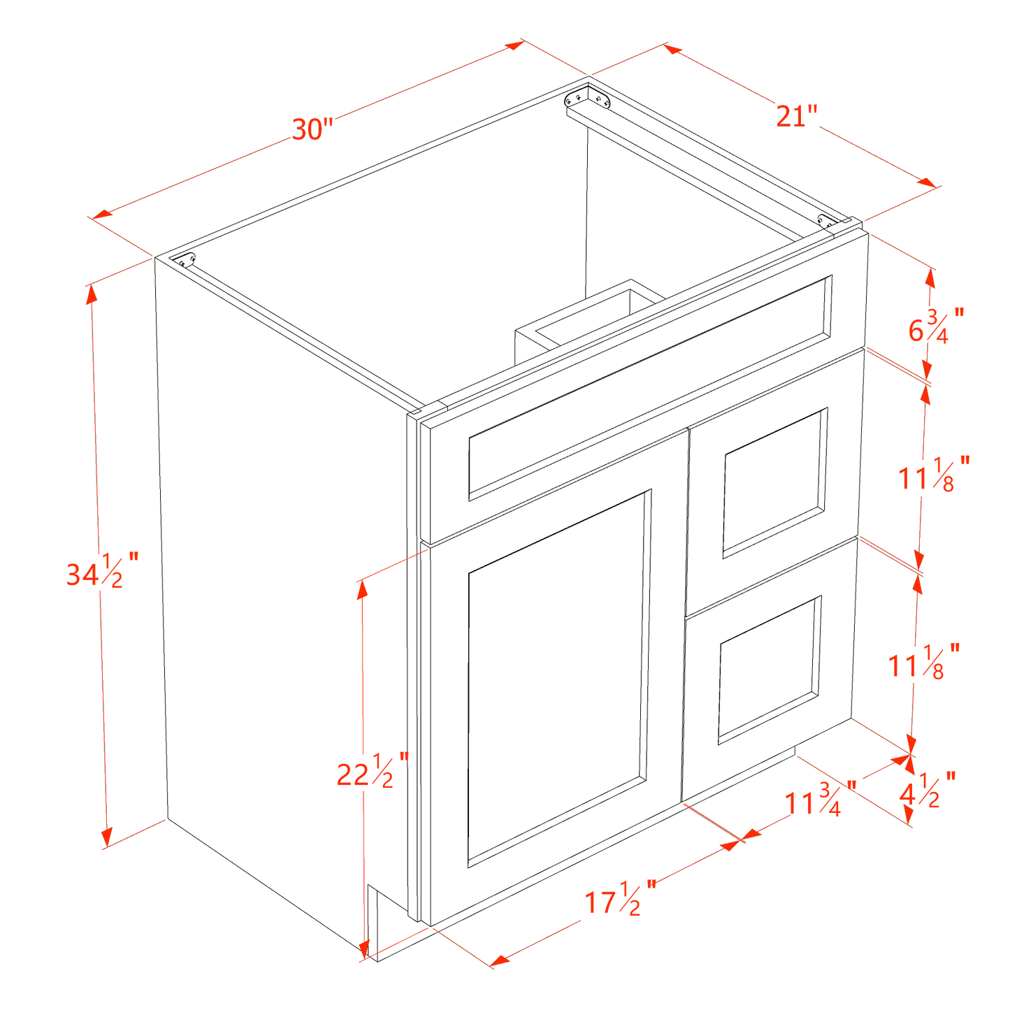 HF-VSD3021R: Frost White Shaker 30"W x 34-1/2"H x 21"D 1 Door & 2 Right Drawers Offset Vanity Sink Base Cabinets