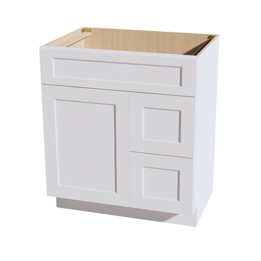 HF-VSD3021R: Frost White Shaker 30"W x 34-1/2"H x 21"D 1 Door & 2 Right Drawers Offset Vanity Sink Base Cabinets