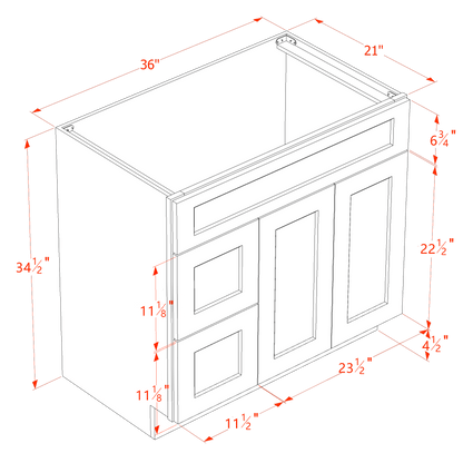 HF-VSD3621L: Frost White Shaker 36"W x 34-1/2"H x 21"D 2 Doors & 2 Left Drawers Offset Vanity Sink Base Cabinets