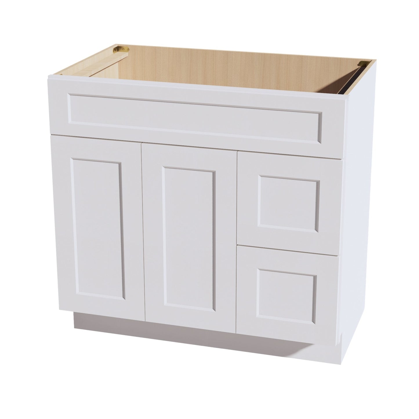 HF-VSD3621R: Frost White Shaker 36"W x 34-1/2"H x 21"D 2 Doors & 2 Right Drawers Offset Vanity Sink Base Cabinets