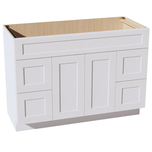 HF-VSD4821: Frost White Shaker 48"W x 34-1/2"H x 21"D 2 Doors, 4 Drawers & 1 False Drawer Centered Vanity Sink Base Cabinets