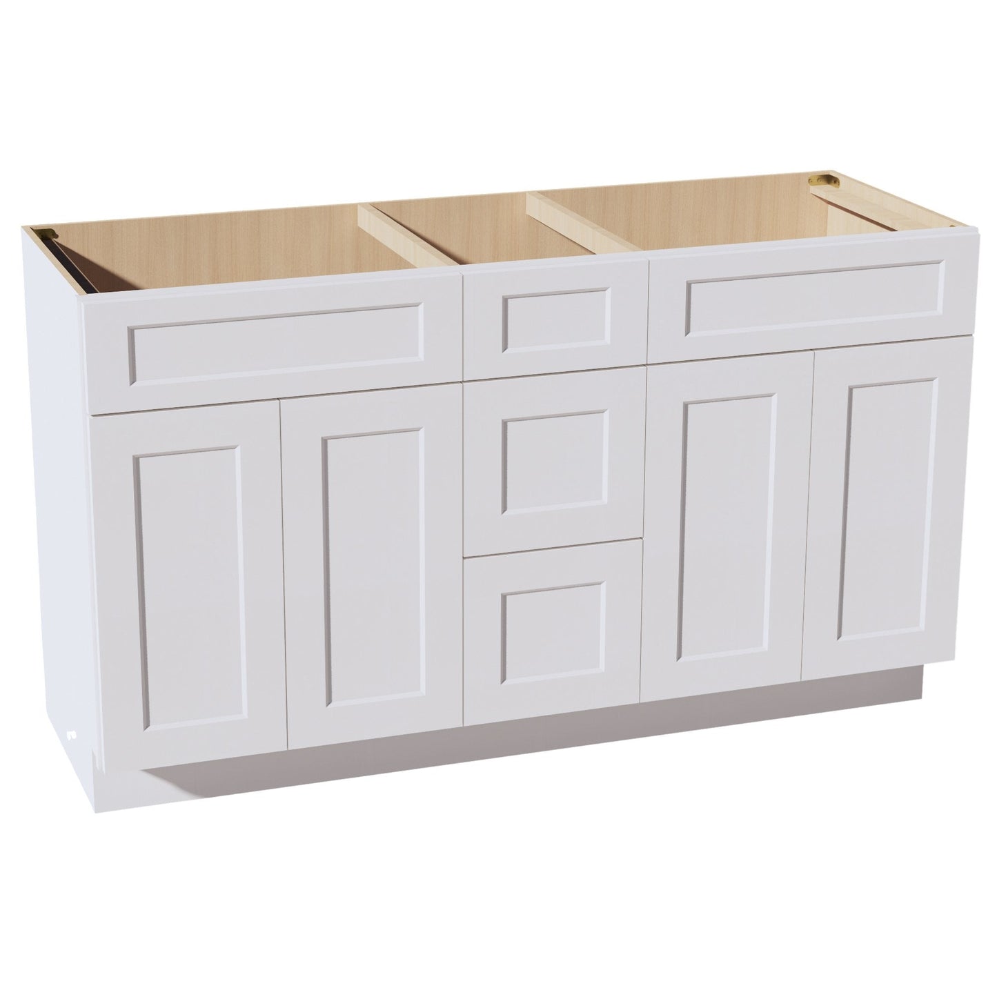 HF-VSD60DOUBLE: Frost White Shaker 60"W x 34-1/2"H x 21"D 4 Doors, 3 Drawers & 2 False Drawers Double Sink Vanity Base Combo Cabinets