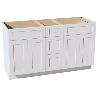 HF-VSD60DOUBLEE: Frost White Shaker 60"W x 34-1/2"H x 21"D 4 Doors, 3 Drawers & 2 False Drawers Double Sink Vanity Base Combo Cabinets