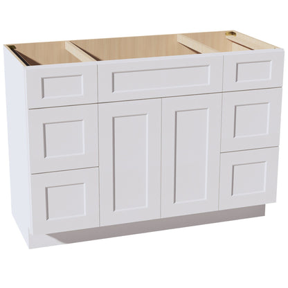 HF-VSD60SINGLE: Frost White Shaker 60"W x 34-1/2"H x 21"D 2 Doors, 6 Drawers & 1 False Drawer Single Sink Vanity Base Combo Cabinets