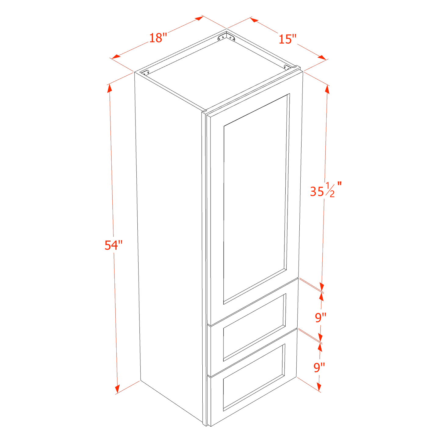 HF-WD1854: Frost White Shaker 18"W x 54"H 1 Door & 2 Drawers Special Wall Cabinet