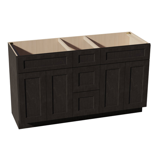 HG-VSD60DOUBLE: Dark Gray Shaker 60"W x 34-1/2"H x 21"D 4 Doors, 3 Drawers & 2 False Drawers Double Sink Vanity Base Combo Cabinets