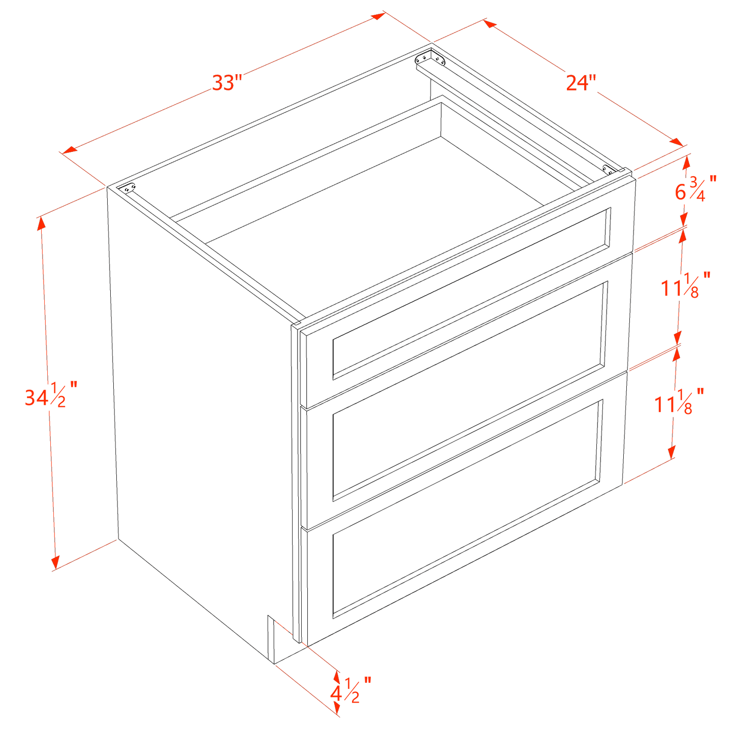 HLG-DB33: Light Gray Shaker 33" 3 Drawers Base Cabinet