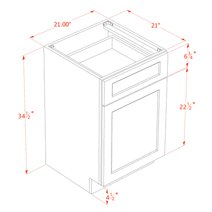 HLG-VB2121: Light Gray Shaker 21"W x 34-1/2"H x 21"D 1 Door & 1 Drawer Single Door Vanity Base Cabinets