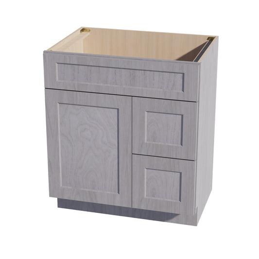 HLG-VSD3021R: Light Gray Shaker 30"W x 34-1/2"H x 21"D 1 Door & 2 Right Drawers Offset Vanity Sink Base Cabinets