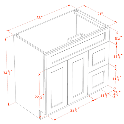 HLG-VSD3621R: Light Gray Shaker 36"W x 34-1/2"H x 21"D 2 Doors & 2 Right Drawers Offset Vanity Sink Base Cabinets