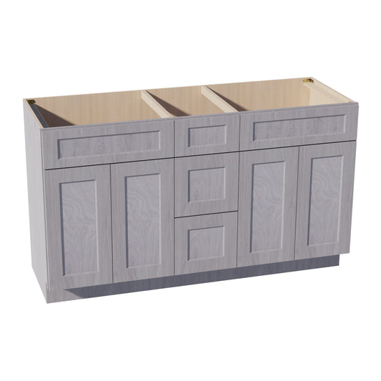 HLG-VSD60DOUBLEE: Light Gray Shaker 60"W x 34-1/2"H x 21"D 4 Doors, 3 Drawers & 2 False Drawers Double Sink Vanity Base Combo Cabinets