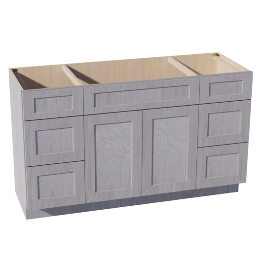 HLG-VSD60SINGLE: Light Gray Shaker 60"W x 34-1/2"H x 21"D 2 Doors, 6 Drawers & 1 False Drawer Single Sink Vanity Base Combo Cabinets