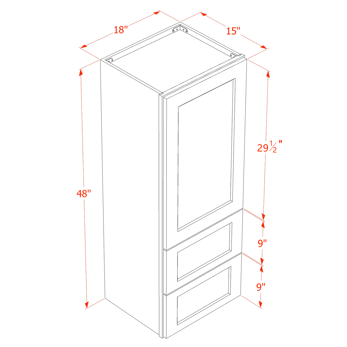 HLG-WD1848: Light Gray Shaker 18"W x 48"H 1 Door & 2 Drawers Special Wall Cabinet