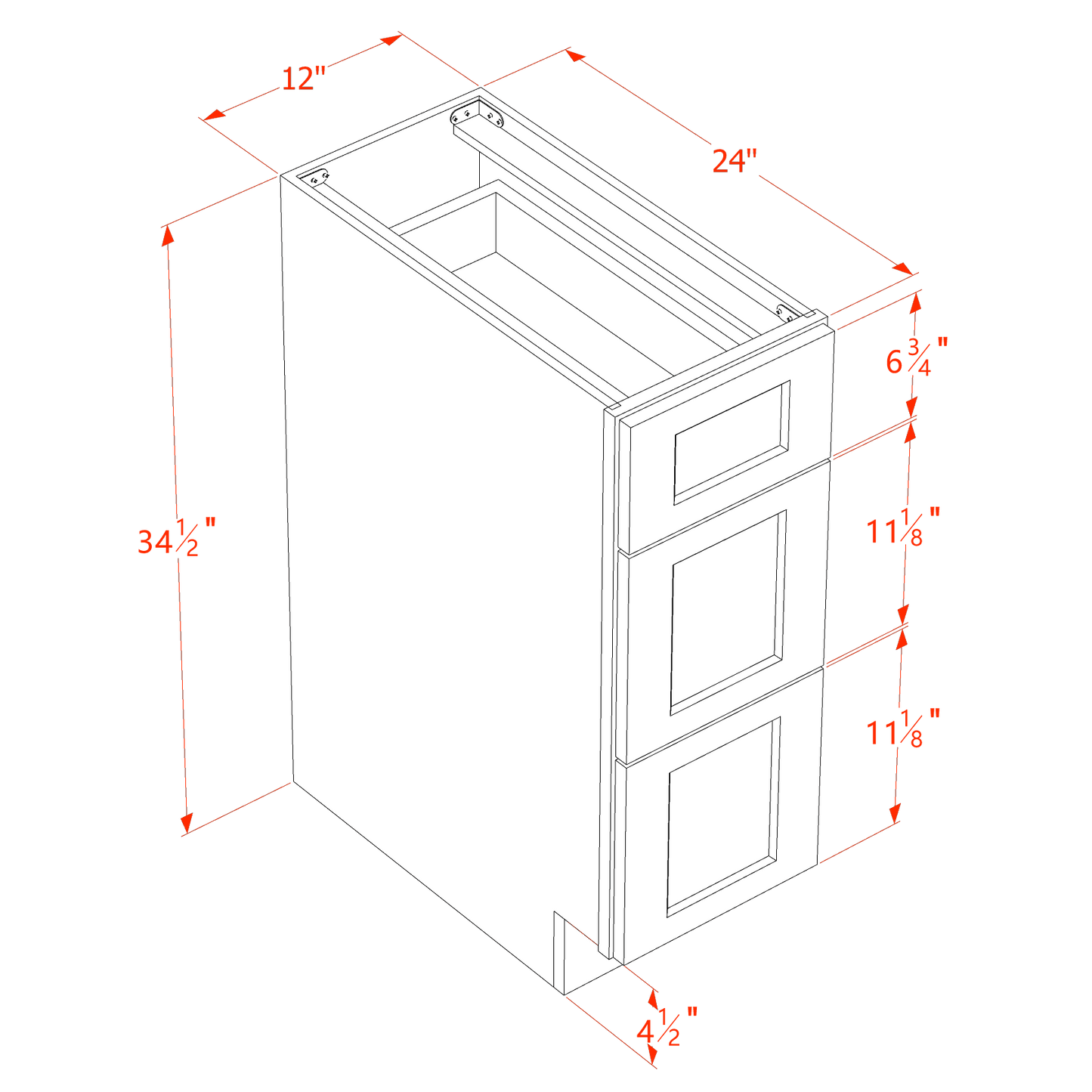 HT-DB12: Timber Wood Shaker 12" 3 Drawers Base Cabinet