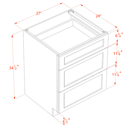 HT-DB27: Timber Wood Shaker 27" 3 Drawers Base Cabinet