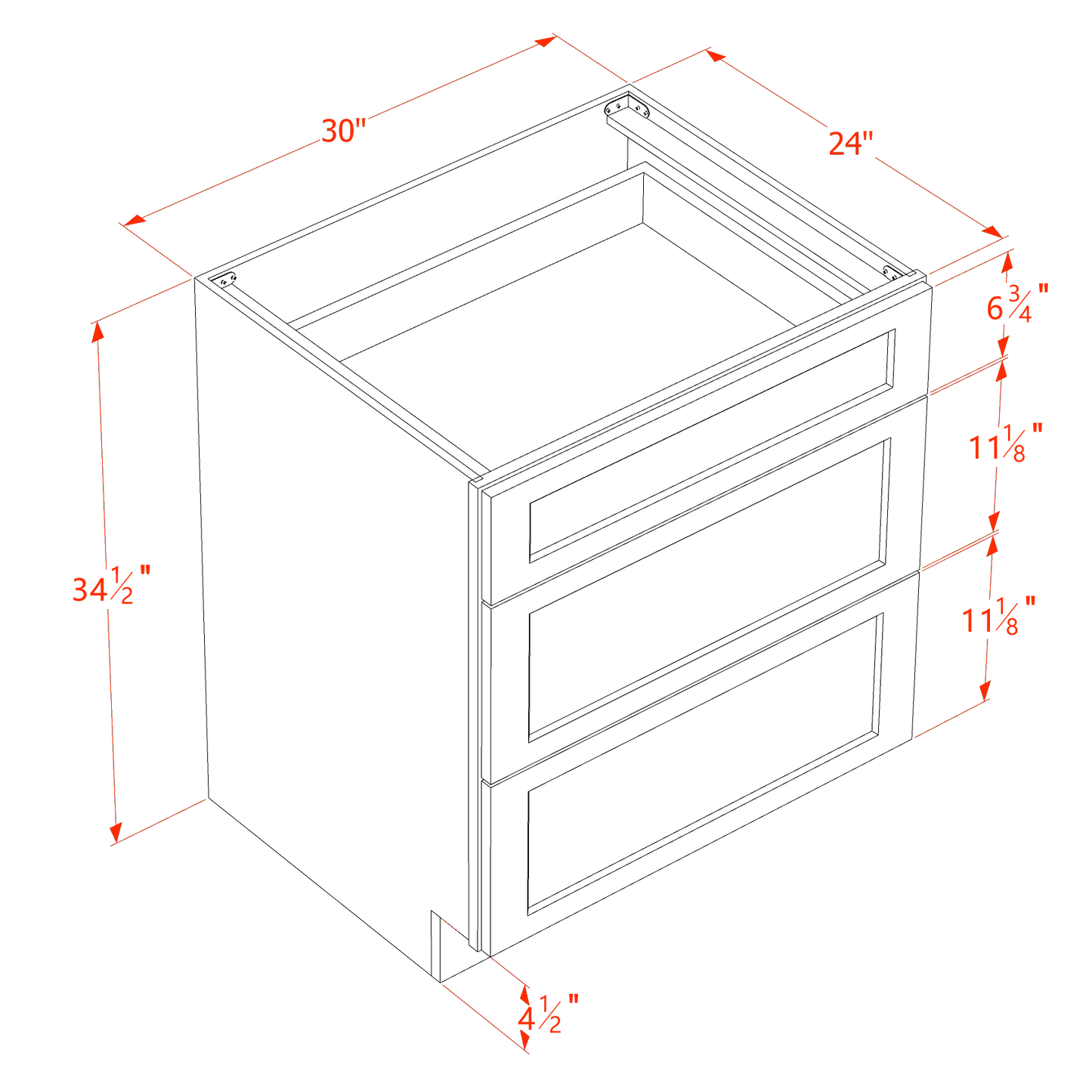 HT-DB30: Timber Wood Shaker 30" 3 Drawers Base Cabinet