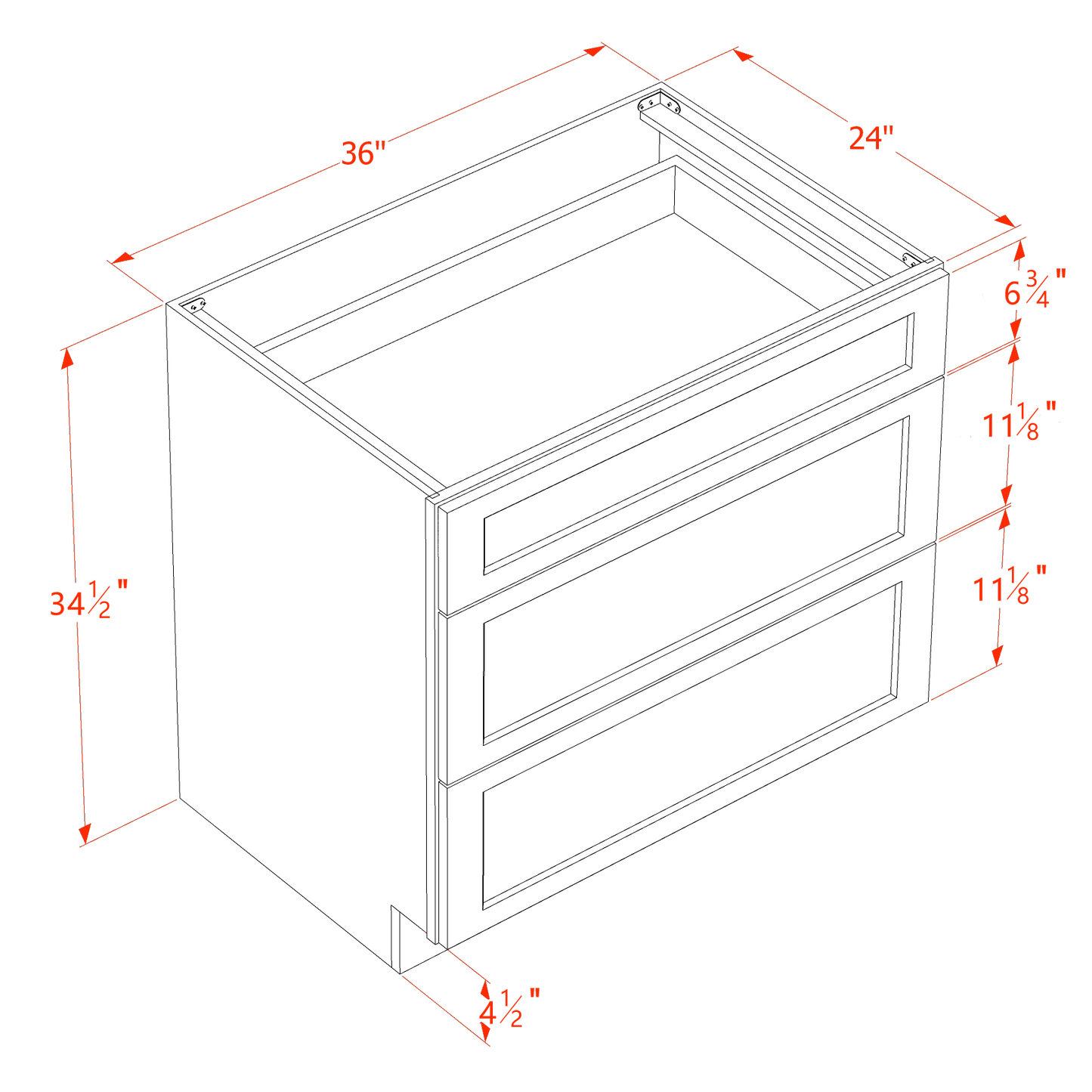 HT-DB36: Timber Wood Shaker 36" 3 Drawers Base Cabinet