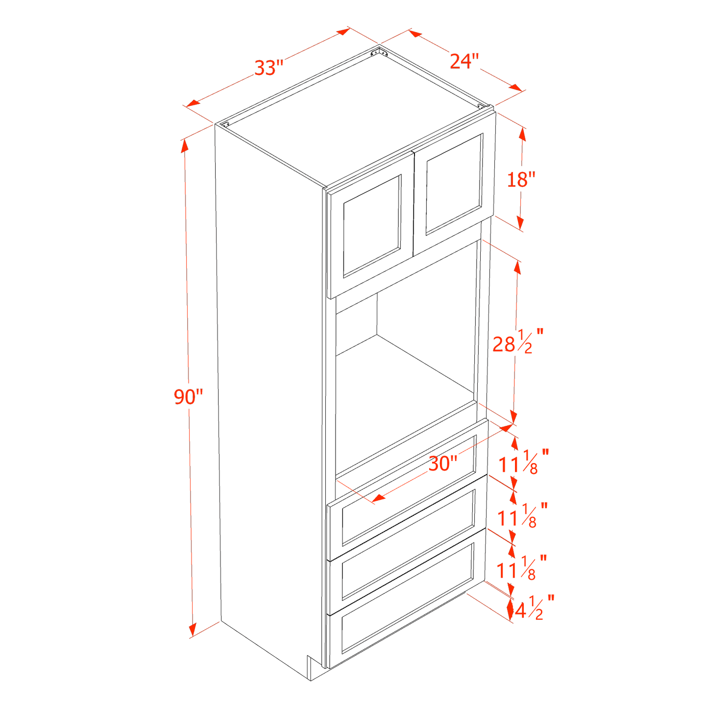 HT-OC3390: Timber Wood Shaker 33"W x 90"H x 24"D 2 Doors & 3 Drawers Tall Oven Shelf Cabinets