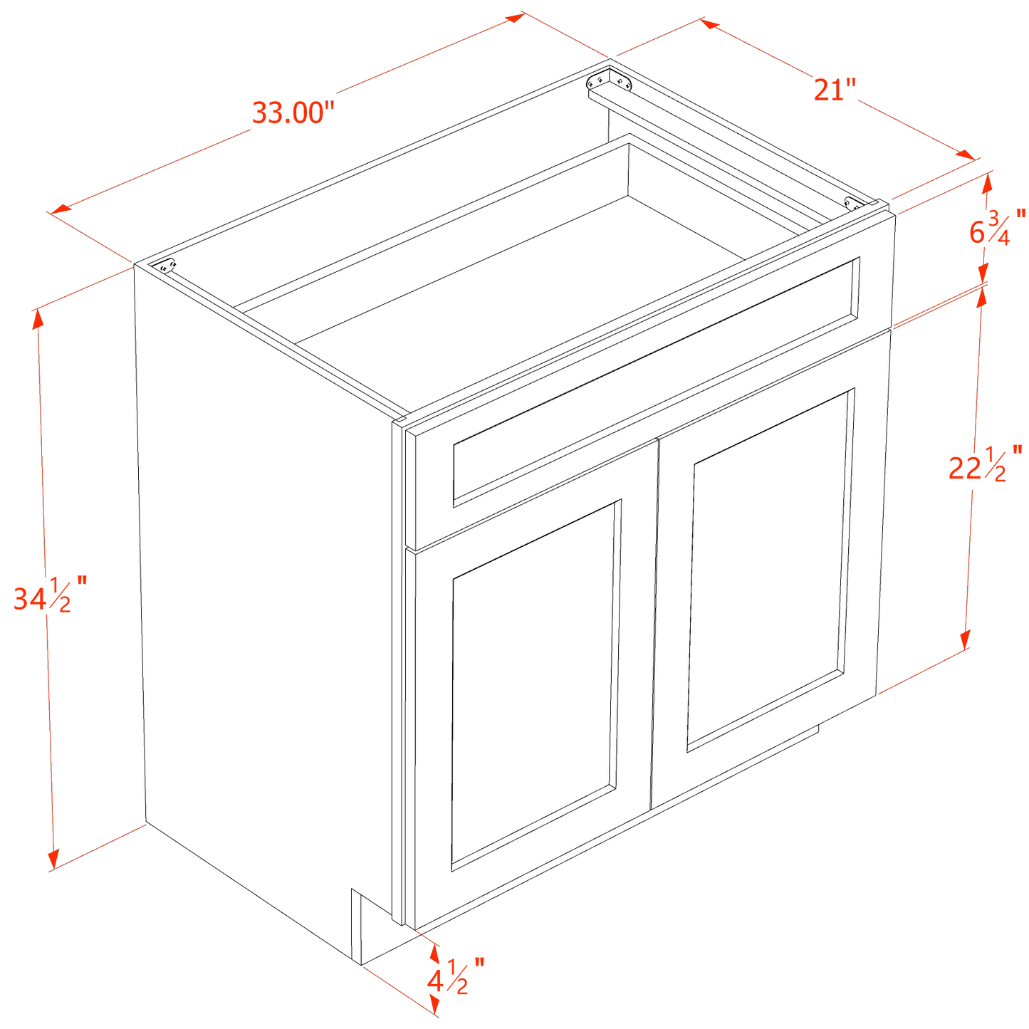 HT-VB3321: Timber Wood Shaker 33"W x 34-1/2"H x 21"D 2 Doors & 1 Drawer Double Door Vanity Base Cabinets