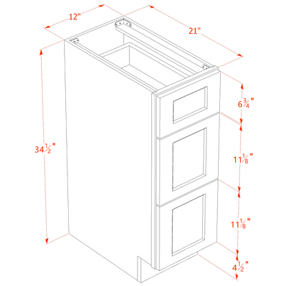 HT-VDB1221: Timber Wood Shaker 12"W x 34-1/2"H x 21"D  3 Drawers Vanity Base Cabinets