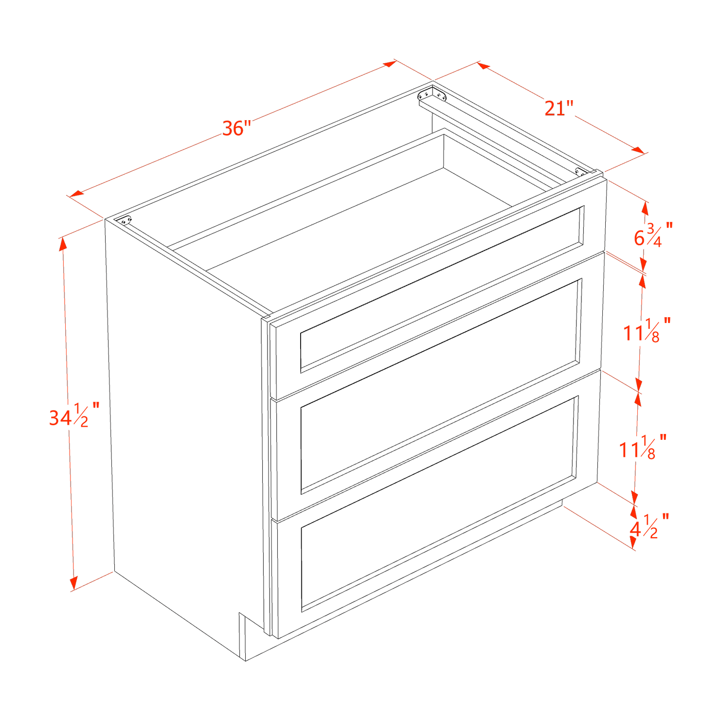 HT-VDB3621: Timber Wood Shaker 36"W x 34-1/2"H x 21"D  3 Drawers Vanity Base Cabinets